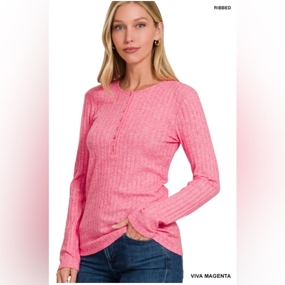 NWT ZENANA RIBBED LONG SLEEVE BUTTON DOWN TOP - Picture 2 of 2